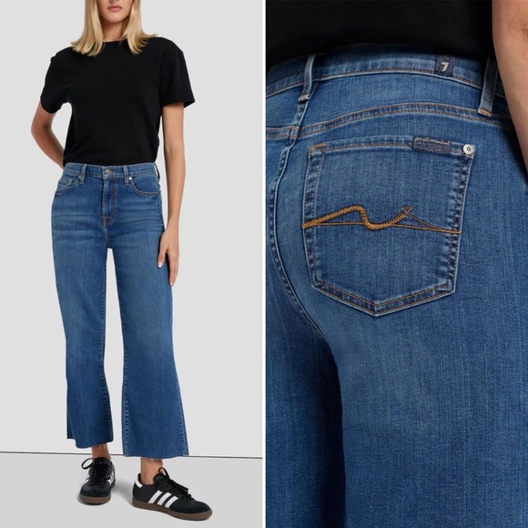 7 For All Mankind Denim - 7 For All Mankind Alexa Jeans Cropped High Wide Leg Flare Medium Dark Indigo 29